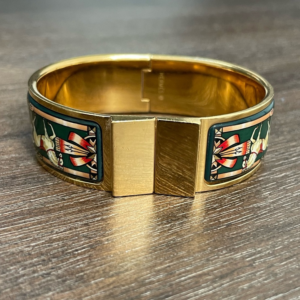 Hermes Enamel Hinged Bangle - Gold forest horse design - Sz 8” diameter
